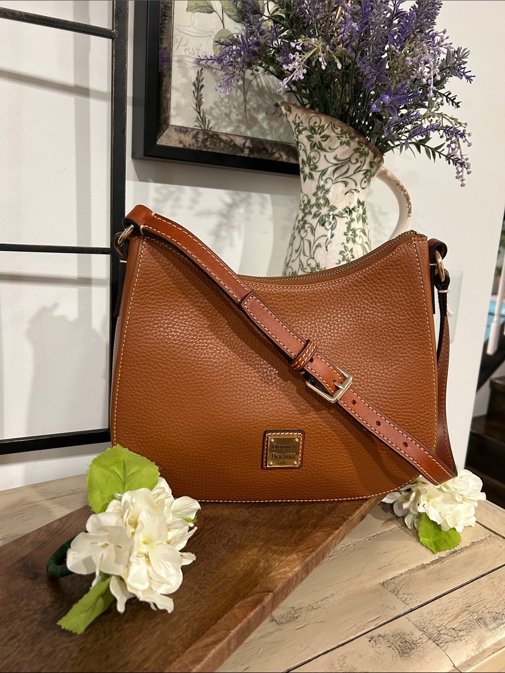 Dooney & Bourke Pebbled Leather Saddle Shoulder Bag in Cognac Brown